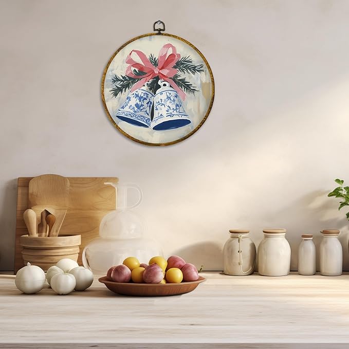 CUANFDDSF Chinoiserie Christmas Bells Round Wall Art Decor, Vintage Christmas Bells Wall Hanging Frame Decor, Grand Millenial Xmas Holiday Canvas Prints Decorations for Home Bedroom, 10x10 Inch