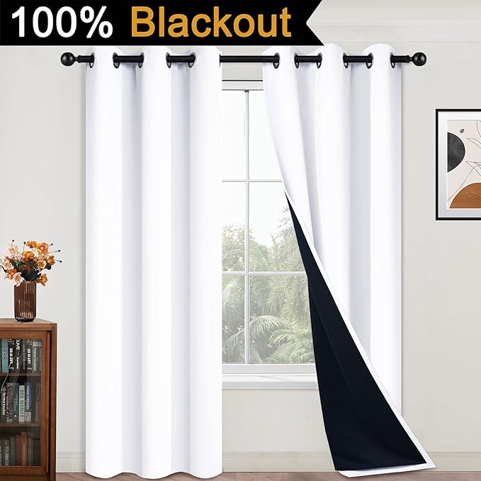 Yakamok Full Blackout Curtains 84 Inches Long,Blackout Curtain Panels for Bedroom, 2 Thick Layers Grommet Top Thermal Insulated Drapes with Black Liner for Living Room(42Wx84L, Pure White, 2 Panels)