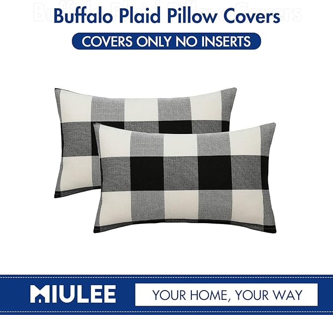 MIULEE Halloween Pack of 2 Classic Retro Checkers Plaids Polyester Linen Soft Solid Black and White Decorative Throw Pillow Covers Home Decor Outdoor Cushion Case for Sofa Bedroom Car 12 x 20 Inch