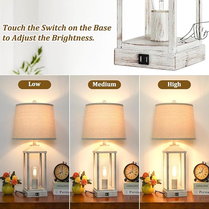 28" Farmhouse White Table Lamps for Living Room, 3-Way Dimmable Besides Nightstand Set of 2 Touch Control with USB Ports, Rustic Modern Vintage Retro Lamps for Bedroom, Home, Office, 4 Bulbs Included