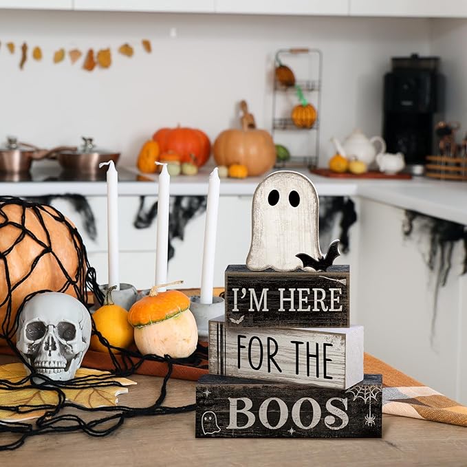 4 Pcs Halloween Table Decoration Wooden Ghost Tiered Tray Decor Rustic Wood Bat Ghost Block Signs Halloween Centerpiece Farmhouse for Home Tabletop Kitchen Shelf and Party Gift