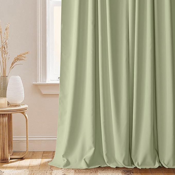 StangH 100% Blackout Sage Green Curtains Back Tab Thermal Insulated Chenille Velvet Curtains Privacy Noise Reducing Window Panels for Nursery Bedroom, W52 x L84, 2 Panels