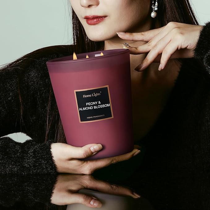 HomeLights Premium Scented Candles - 33.3 oz Natural Soy Wax, Aromatherapy for Home, Long Lasting Smokeless, 130 hrs Burn Time, 3 Cotton Wicks, Gifts for Women & Men - Peony & Almond Blossom
