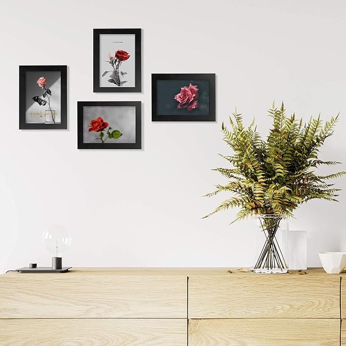 Egofine 4x6 Picture Frames Set of 4, Made of Solid Wood Covered by Plexiglass 3.5x5 with Mat or 4x6 without Mat, for Table Top Display and Wall Mounting Photo Frame Black