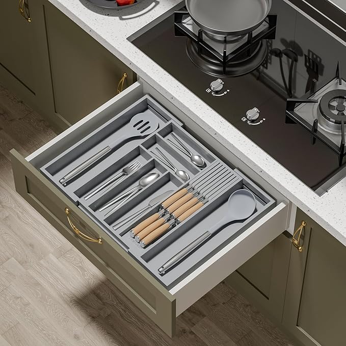 Bamboo-Silverware-Drawer-Organizer-Kitchen, Expandable Utensil Holder Cutlery Tray Flatware Organization Adjustable Wood Tableware Dividers Storage (with Removable Knife Block)(Grey)
