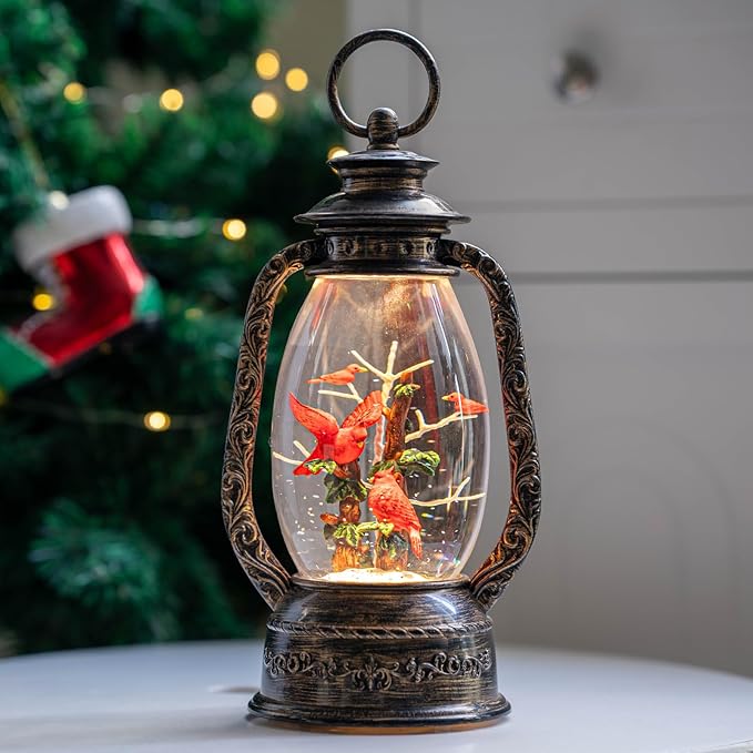 12'' Lighted Cardinals Snow Globe Lantern, Music Water Lantern with Swirling Glitter Decoration for Christmas Home, Living Room, Battery Operated or USB Powered
