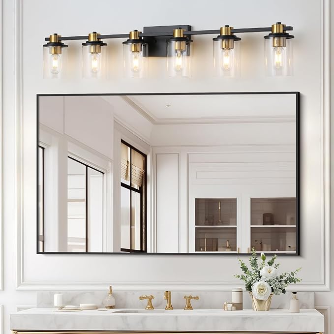 LOUSACE Bathroom Lighting Fixtures Black and Gold 6 Light Bathroom Vanity Light Over Mirror with Clear Glass Shades, Brushed Gold Socket Wall Vanity Lighting Fixtures for Bedroom Living Room