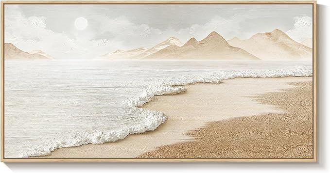 Framed Boho Beach Coastal Wall Art for Living Room, Large Neutral Ocean Canvas Artworks for Walls, Horizontal Abstract Minimalist Coastal Art Print for Bedroom Kitchen Office Wall Decor, 20x40 Inch