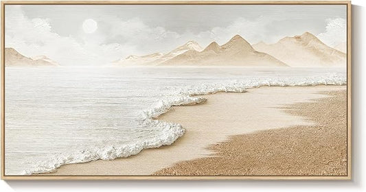 Framed Boho Beach Coastal Wall Art for Living Room, Large Neutral Ocean Canvas Artworks for Walls, Horizontal Abstract Minimalist Coastal Art Print for Bedroom Kitchen Office Wall Decor, 20x40 Inch