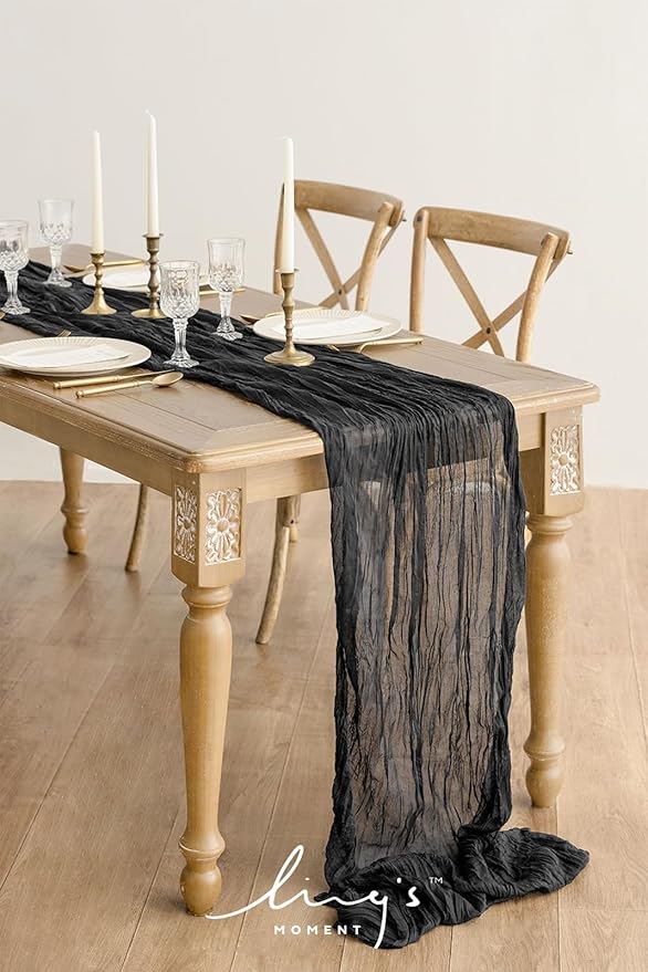 Ling's moment 14Ft Black Cheesecloth Table Runner Boho Chic Gauze Semi-Sheer Halloween Tablecloth for Wedding Celebrations for Baby Shower Decorations