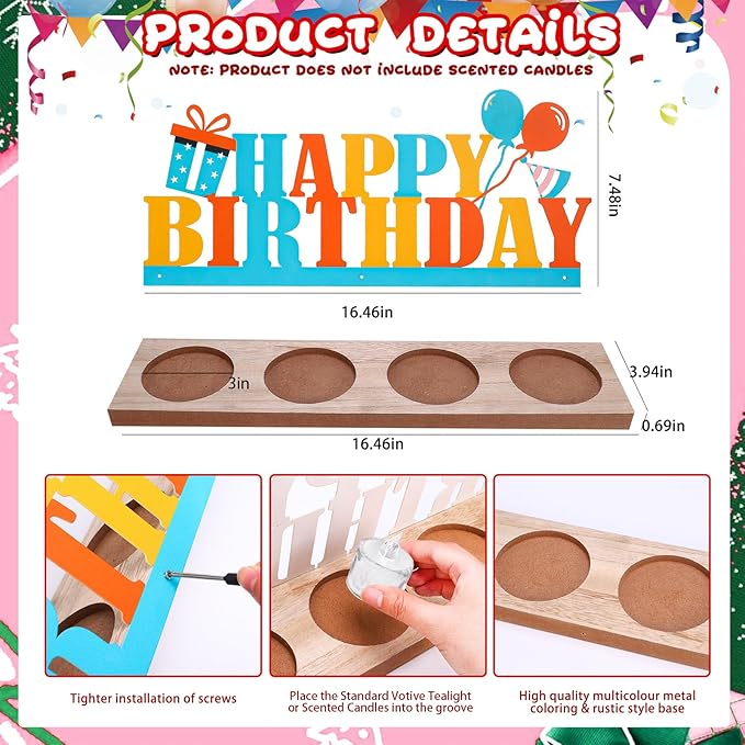 Happy Birthday Candle Holder Set, Tealight Votive Candle Holder Table Decor, 1 Happy Birthday Metal Sign & 1 Wooden Base Candle Tiered Tray, Table Centerpieces for Birthday Party Home Indoor Table