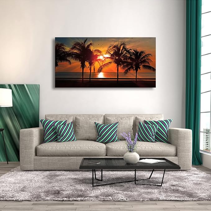 Beach Canvas Wall Art Seascape Theme Pictures Home Decor Blue Ocean Coconut Tree Sunset Prints Paintings for Living Room Bathroom Bedroom Kitchen Office Decoration Natural Scenery Artwork 20x40inches