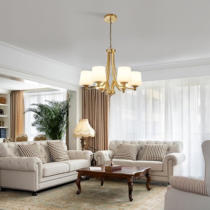 Modern 6-Light Brass Chandelier 25.59in Frosted Glass Chandeliers Metal Mid-Century Gold Pendant Light Fixtures for Living Room Dining Room Bedroom Foyer Stairway