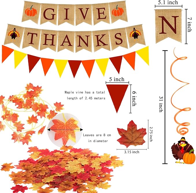 GIVE Thanks Burlap Banner Paper Triangular Bunting Maple Leaf Garland Plastic Streamer for Autumn Harvest Thanksgiving Day Party Decoration