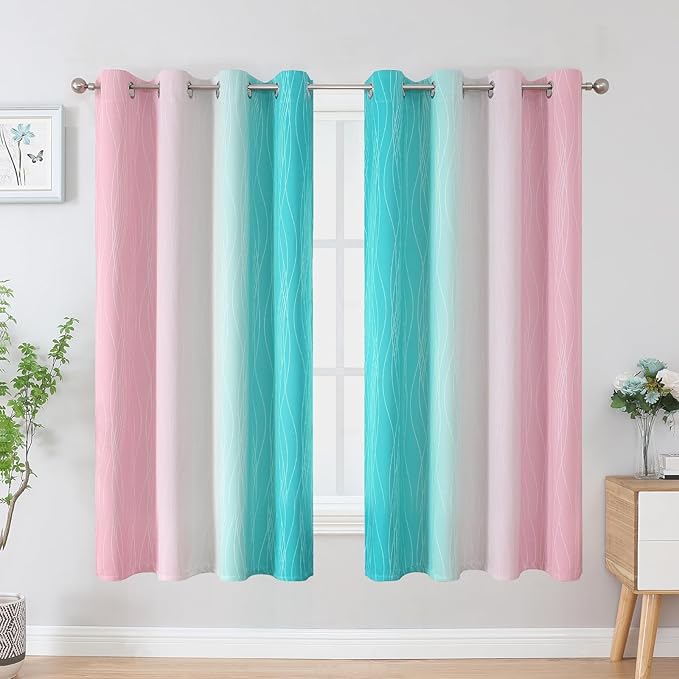 Estelar Textiler Pink and Teal Blackout Curtains for Kids Room, Full Room Darkening Grommet Ombre Curtains for Bedroom, Thermal Insulated Light Blocking Gradient Drapes, 52Wx63L, 2 Panels