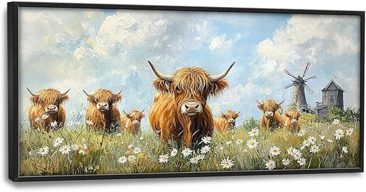 Flintis Large Highland Cow Barn Framed Wall Art Farmhouse Highland Cattle Daisy Pictures Wall Decor Abstract Canvas Painting Print Artworks Framed for Living Room Bathroom Master Bedroom 60L X 30W