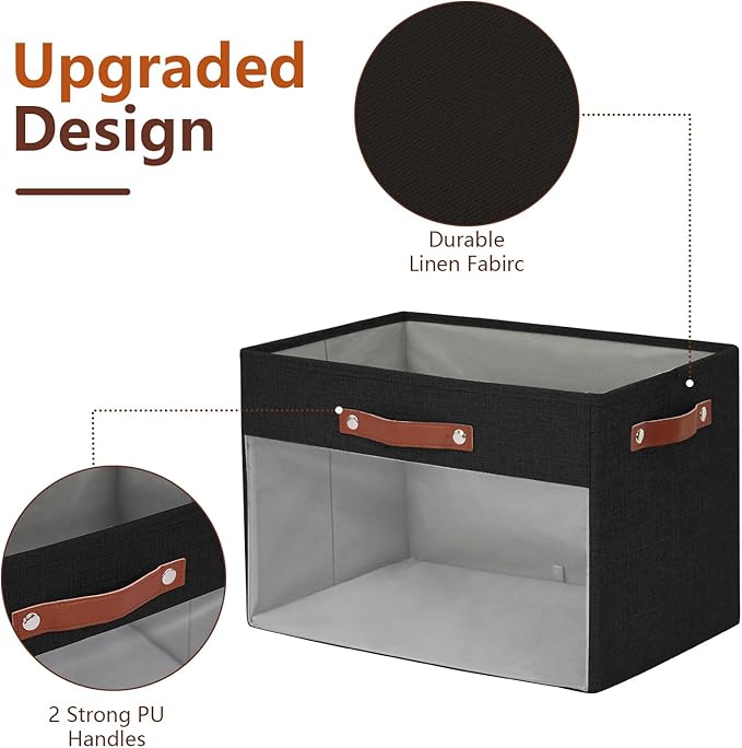 Extra Large Storage Baskets with Clear Window, See Through Closet Organizer with PU Handles, Linen Foldable Storage Bins for Organizing Clothes, Toys, Books (Black)