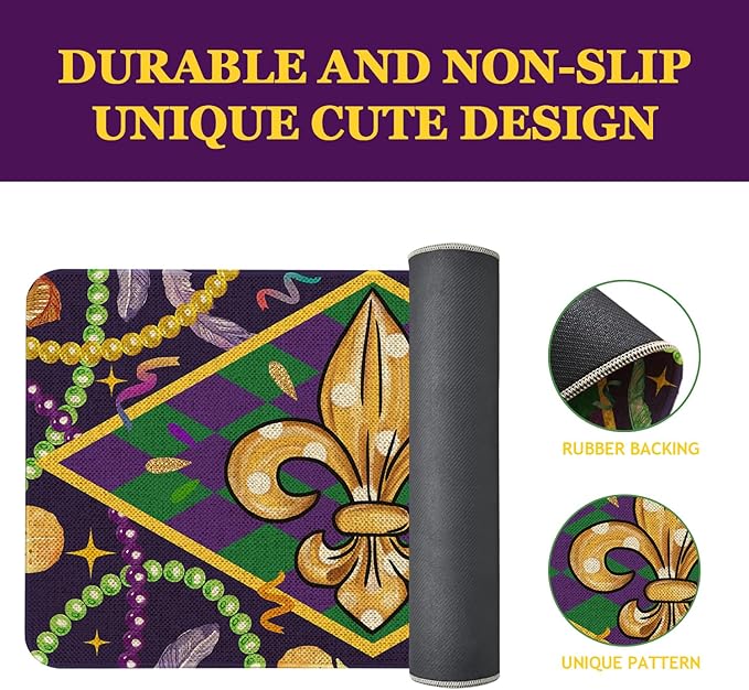 Mardi Gras Welcome Door Mat 30x17 Inch Carnival Fleur De Lis Doormat Indoor Outdoor Entrance Floor Mats Non-Slip Washable Mardi Gras Decor Rugs