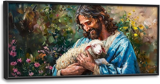 Flintis Large Jesus and Lamb Wall Art Christian Jesus Portrait Pictures Wall Decor Religion Canvas Painting Print Artwork Decoration Framed for Living Room Bathroom Master Bedroom Office 60L x 30W