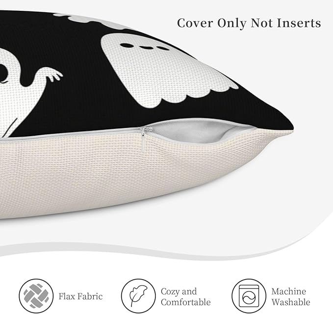 Halloween Pillow Covers 16x16 inch Set of 4, Linen Outdoor Farmhouse Cute Ghost Vintage Skull Spooky Party Supplies Black and White Decorations for Sofa Couch