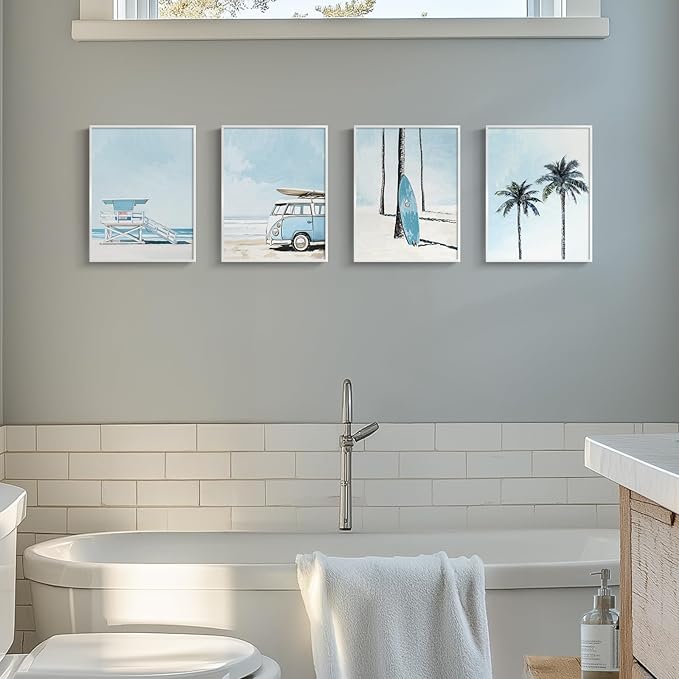 Framed Blue Coastal Beach Wall Art for Room Decor, 4 Piece Beach Ocean Bathroom Canvas Pictures Prints, Palm Tree Surfboard Coastal Summer Artwork for Living Room Bedroom Office Walls Decor, 11x14 In