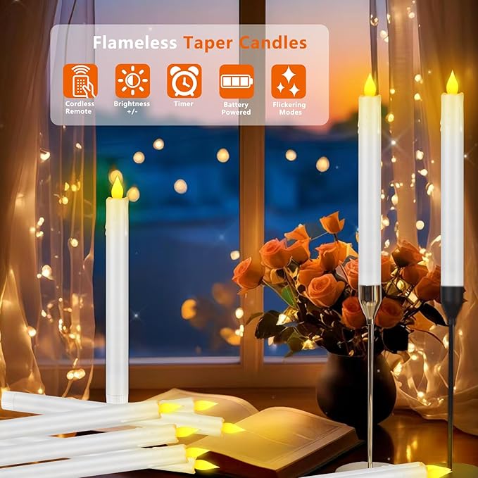 Flameless Taper Candles 10.6" Dripless Battery Operated Taper Candles Included Remote Timer 400+ Hours by 2AA Batteries for Halloween Christmas Wedding (White, 12 Pack)