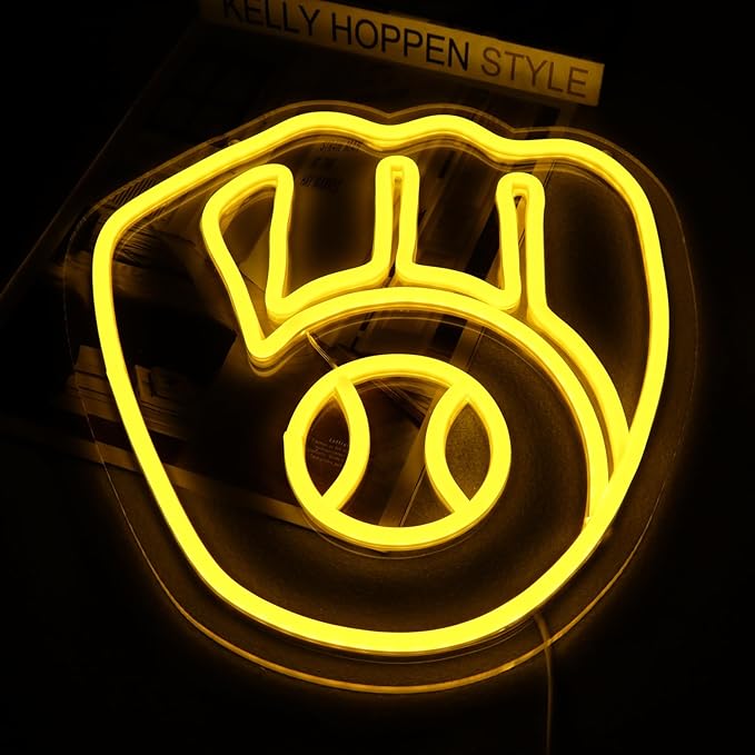 Balanar Baseball Neon Signs for Garage or Man Cave Decor, Gifts With Milwaukee Basebll or Rugby Team Logo, Yellow Baseball Neon for Parties, Bars,Dorms, Office Wall Art and Game Room Decor