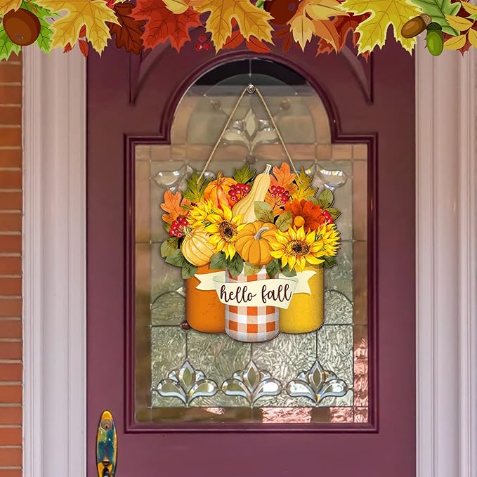 Spiareal Thanksgiving Welcome Sign Fall Wall Art Wood Autumn Maple Door Decor Sunflower Flowers Fall Front Wreath for Front Door Decoration (Maple Style)