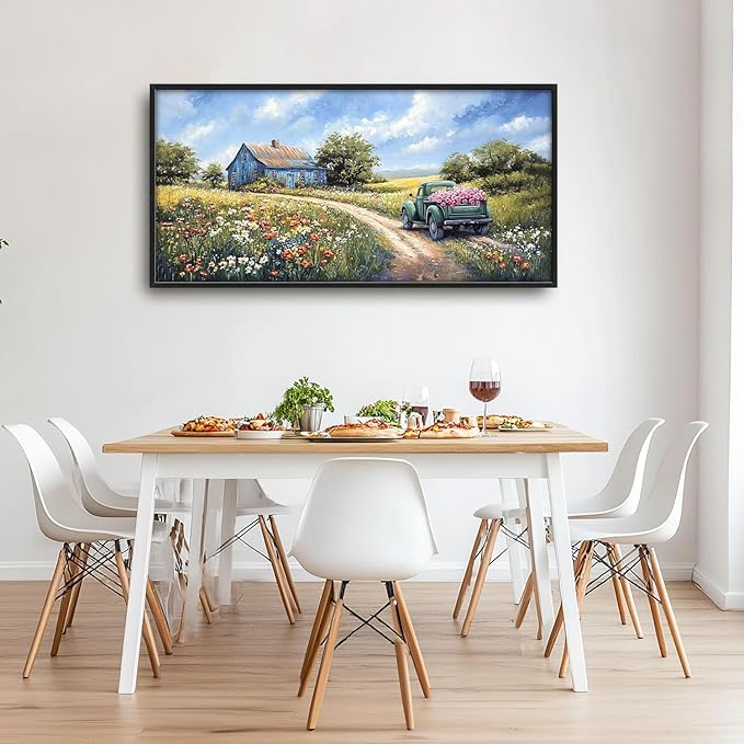 Flintis Large Farmhouse Barn Framed Wall Art Country Green Truck Flowers Pictures Wall Decor Abstract Canvas Painting Print Artworks Decor Framed for Living Room Bathroom Master Bedroom 60L X 30W