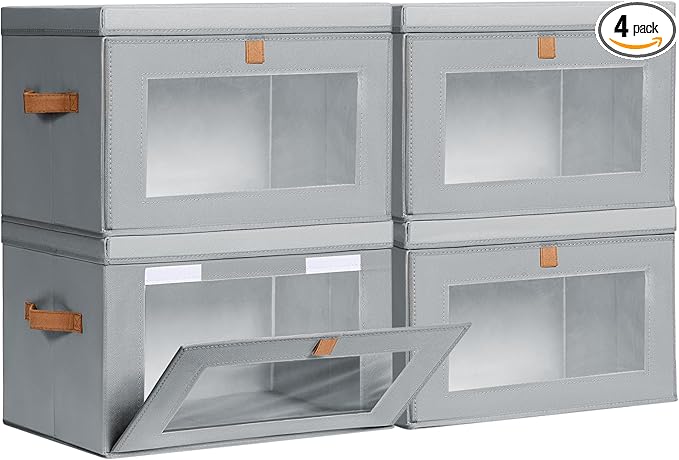 Large Closet Storage Bins - Collapsible Storage Bins with Handles & Window, Fabric Cube Organizer with Lids, Decorative Boxes for Living Room, Closet, Dorm, 4 Pack, Grey