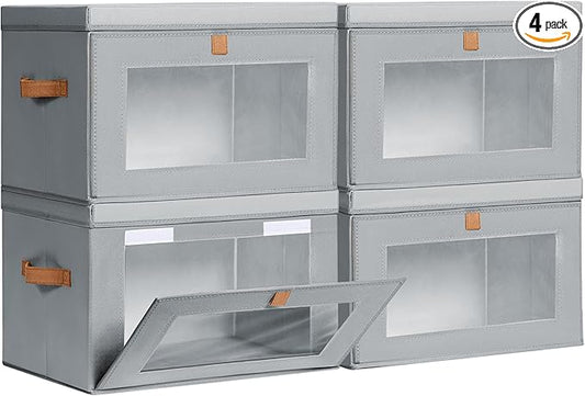 Large Closet Storage Bins - Collapsible Storage Bins with Handles & Window, Fabric Cube Organizer with Lids, Decorative Boxes for Living Room, Closet, Dorm, 4 Pack, Grey