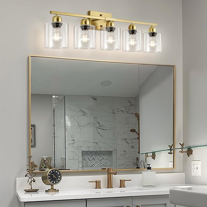 5 Light Brushed Gold Bathroom Light Fixtures, Gold Bathroom Light with Clear Glass, 30 inch Wall Sconce for Mirror Living Room Bedroom Hallway E26 Base