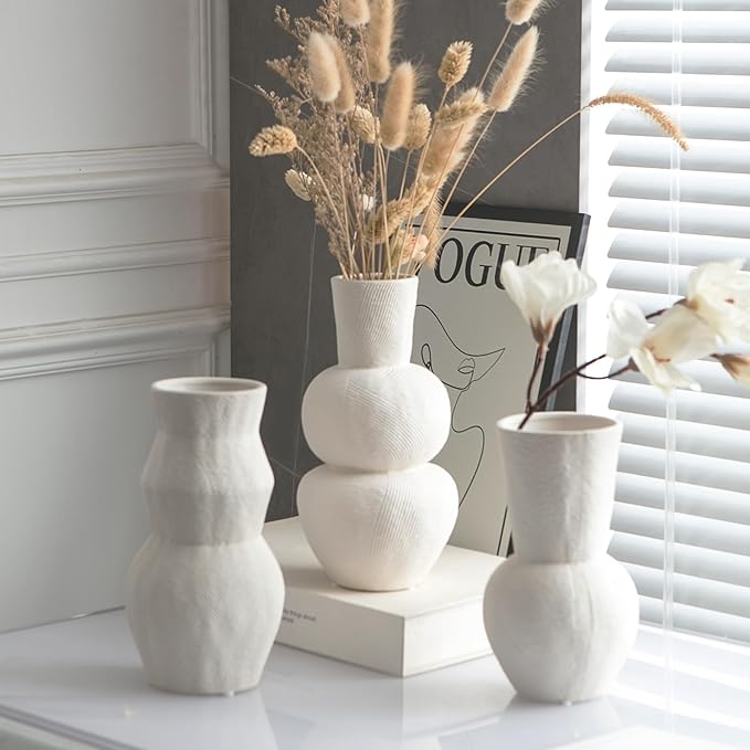 Ceramic Vases for Flowers, Matte White Ribbed Vase Set of 3, Decorative Vases for Pampas Grass, Modern Farmhouse Home Decor, Pottery for Centerpieces, Boho Vases