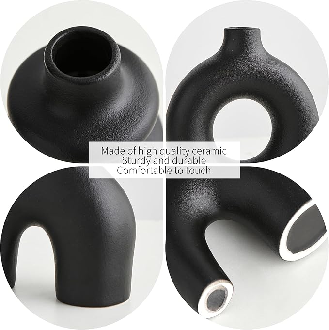 Black Ceramic Vase Set of 3, Modern Boho for Home Decor, Small Flower Vases for Pampas Grass, Round Centerpieces for Wedding, Coffee Table, Shelf, Living Room, Bedroom, Entryway