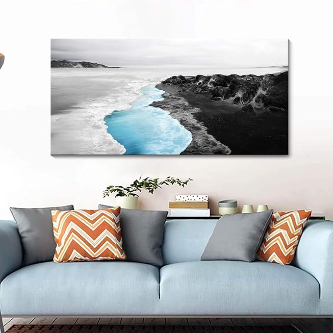 YCPRIMER Blue Beach Wall Art - Large Canvas Coastal Decor Ocean Landscape Painting,Moden Seaside Picture for Living Room,Bathroom,Bedroom Artwork Wall Decoration Size 24×48Inch