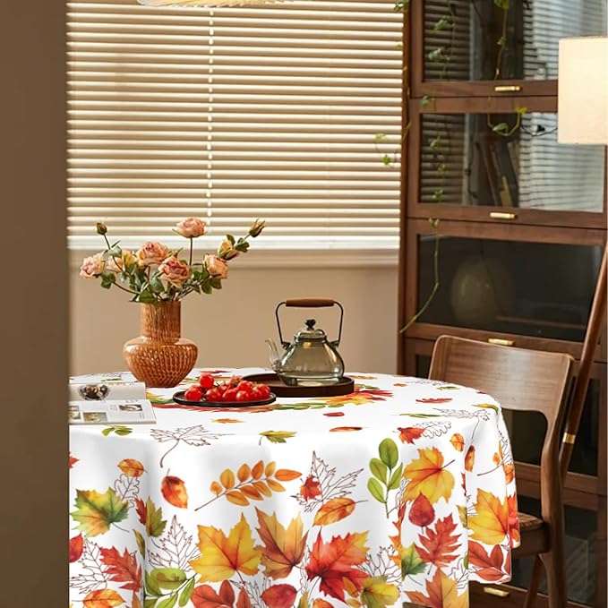 Fall Round Tablecloth 60x60 Inch Autumn Maple Leaf Table Cover Holiday Decorations Seasonal Decor for Home Kitchen Dining Room Picnic Party Thanksgiving