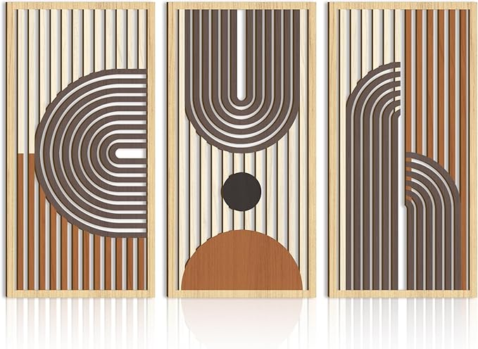 IARTTOP Mid century Modern Decor 16x32 Inch Large Boho Wood Wall Art Abstract Wooden Wall Decor Minimalist Bohemian Orange Artwork for Living Room Bedroom Office Set of 3