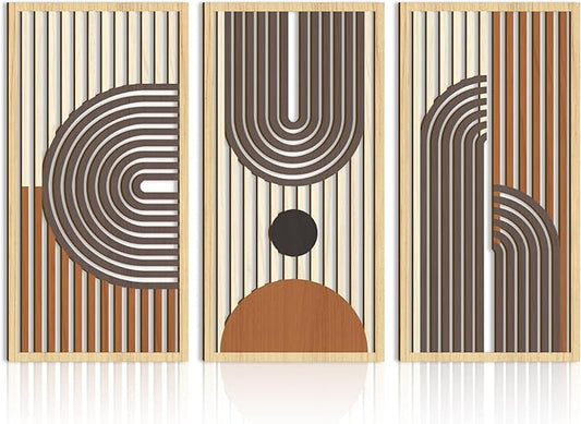 IARTTOP Mid century Modern Decor 16x32 Inch Large Boho Wood Wall Art Abstract Wooden Wall Decor Minimalist Bohemian Orange Artwork for Living Room Bedroom Office Set of 3