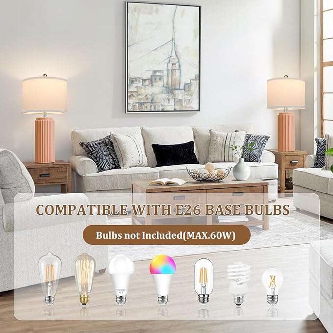 23.5’’ Orange Table Lamps for Bedroom Set of 2, Modern Ceramic Nightstand Lamps for Living Room, Retro Lamps with White Shade Set for Home Office End Table, Farmhouse Bedside Lamps for End Table Dorm