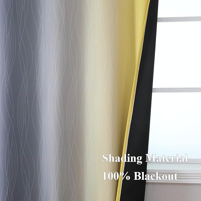 Ombre Gray and Yellow Blackout Curtains 54 Inch Length 2 panels, Full Room Darkening Curtains for Kids Room, Grommet Thermal Insulated Gradient Drapes, Light Blocking Curtains for Bedroom, 52x54 Inch