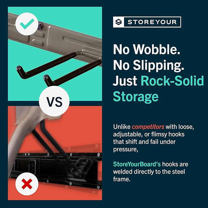 StoreYourBoard Wall-Mounted Rack With 4 Garage Hooks – Heavy-Duty Steel Holder Garage & Garden Storage for Shed, Workshop, or Home Organization – For Rakes, Shovels, Tools & More – 1 Pack, Mud