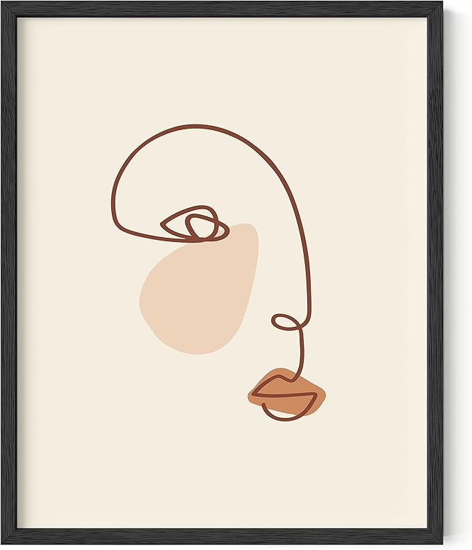 HAUS AND HUES Female Figure Wall Art Line Drawing - Single Line Drawing Wall Art, Minimalist Woman Art Print Line Art Wall Decor Silhouette Lipstick (Black Frame, 16x20)