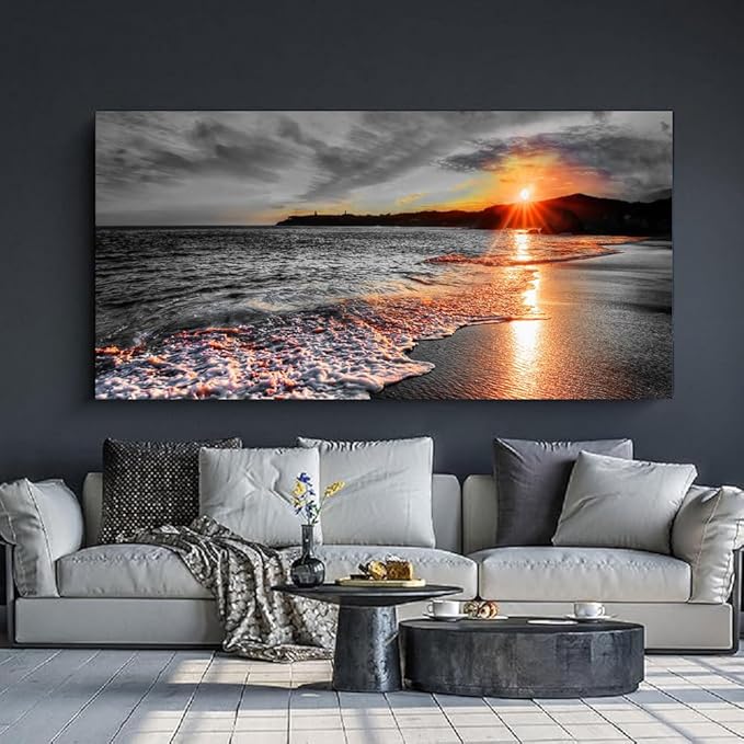 Yxbhhym-Large Pictures for Living Room Wall Décor Black and White Beach Canvas Wall Art Bedroom Ocean Room Décor Seascape Paitnings Poster Sea Sunset Print Art Morden Framed Home Office Artwork