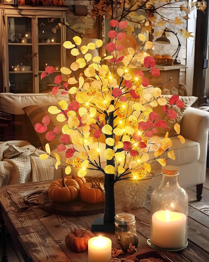 Uieke 24inch Artificial Fall Eucalyptus Tree 24 LED Prelit Tabletop Fall Tree with 6 Pumpkin Lights Battery Operated with Timer, Fall Decorations for Home Thanksgiving Halloween Decor