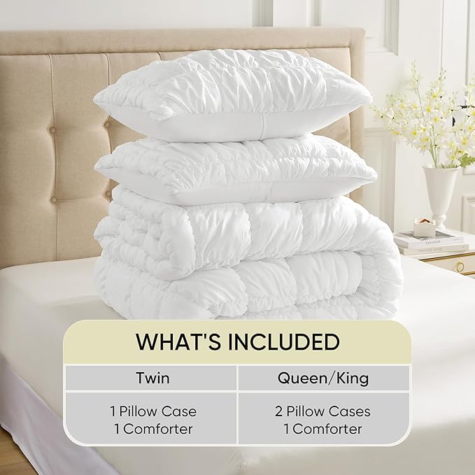 Amelie Home White Bubble Comforter Set King Size, 3 Pieces Ultra Soft Cozy Bedding Set for All Seasons, Farmhouse Luxury Gift for Women Home Decor, 106 x 90 inches