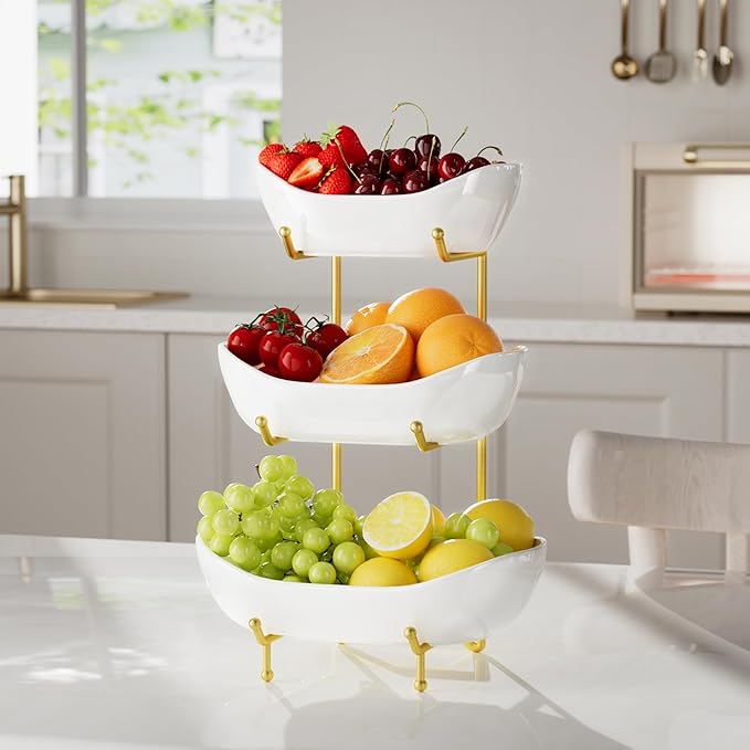 3 Tier Ceramic Fruit Bowl with Metal Stand – Tiered Fruit Stand for Kitchen Countertop, Serving Tray for Snacks, Nuts, Cakes, Desserts, Bread, Candy Storage, Gold
