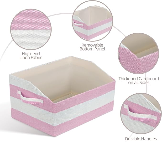 Linen Closet Organizers and Storage, Trapezoid Fabric Bins, Home Office Organization Baskets Striped Collapsible Box with Handles for Clothes, Blanket, Books, DVD, 4 Pack, Pink/White