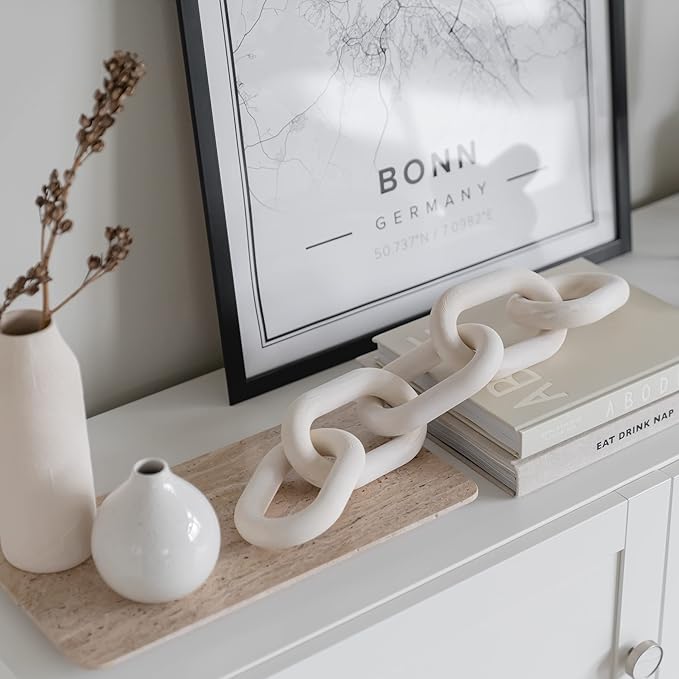 Wood Chain Link Decor - White Wooden Decorative Objects for Shelves, Coffee Table Sculpture, Book Shelf Accessories, Modern Shelf Decor Accents, Console or Entryway Table Decorations