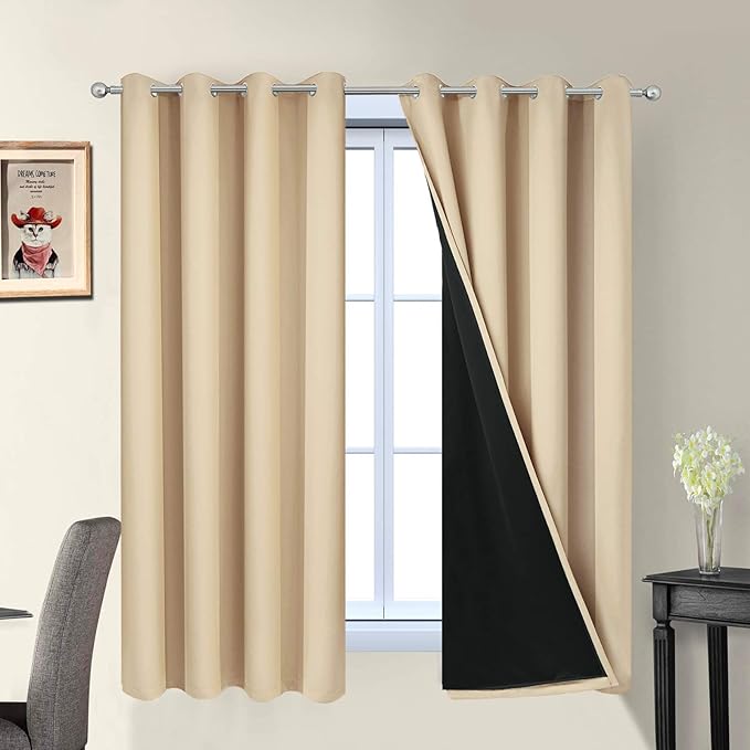 Yakamok Home Decor Thermal Insulated Full Blackout Drapes, 2-Layer Lined 100% Blackout Curtains with Black Liners, Energy Efficiency Window Draperies for Bedroom(52Wx63L, Beige, 2 Panels)