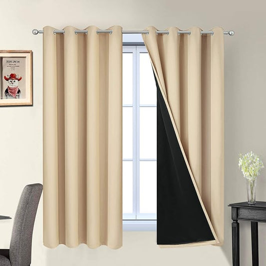 Yakamok Home Decor Thermal Insulated Full Blackout Drapes, 2-Layer Lined 100% Blackout Curtains with Black Liners, Energy Efficiency Window Draperies for Bedroom(52Wx63L, Beige, 2 Panels)
